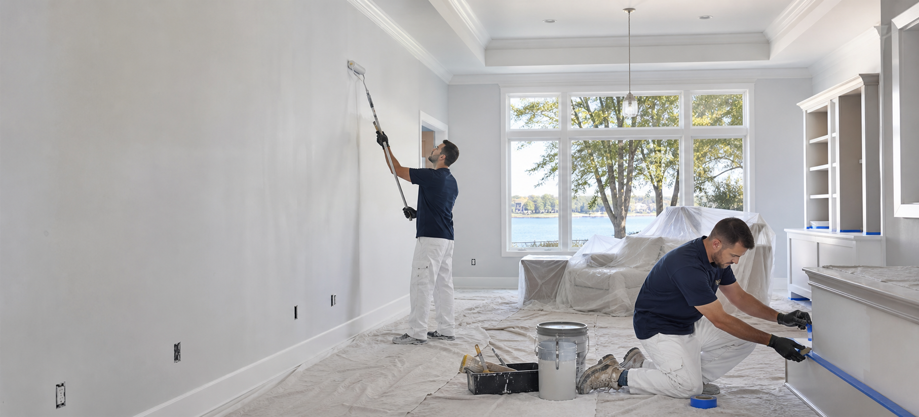 A photo of workers giving their painting services to a lake home