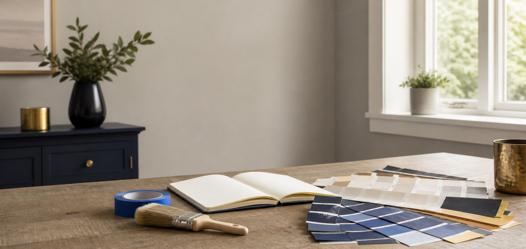 A photo of color swatches, note book, paint brush sit on a table that represents painting articles