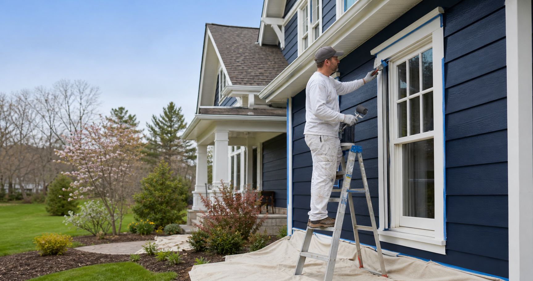 A photo of a professional painter painting the exterior of a residential home