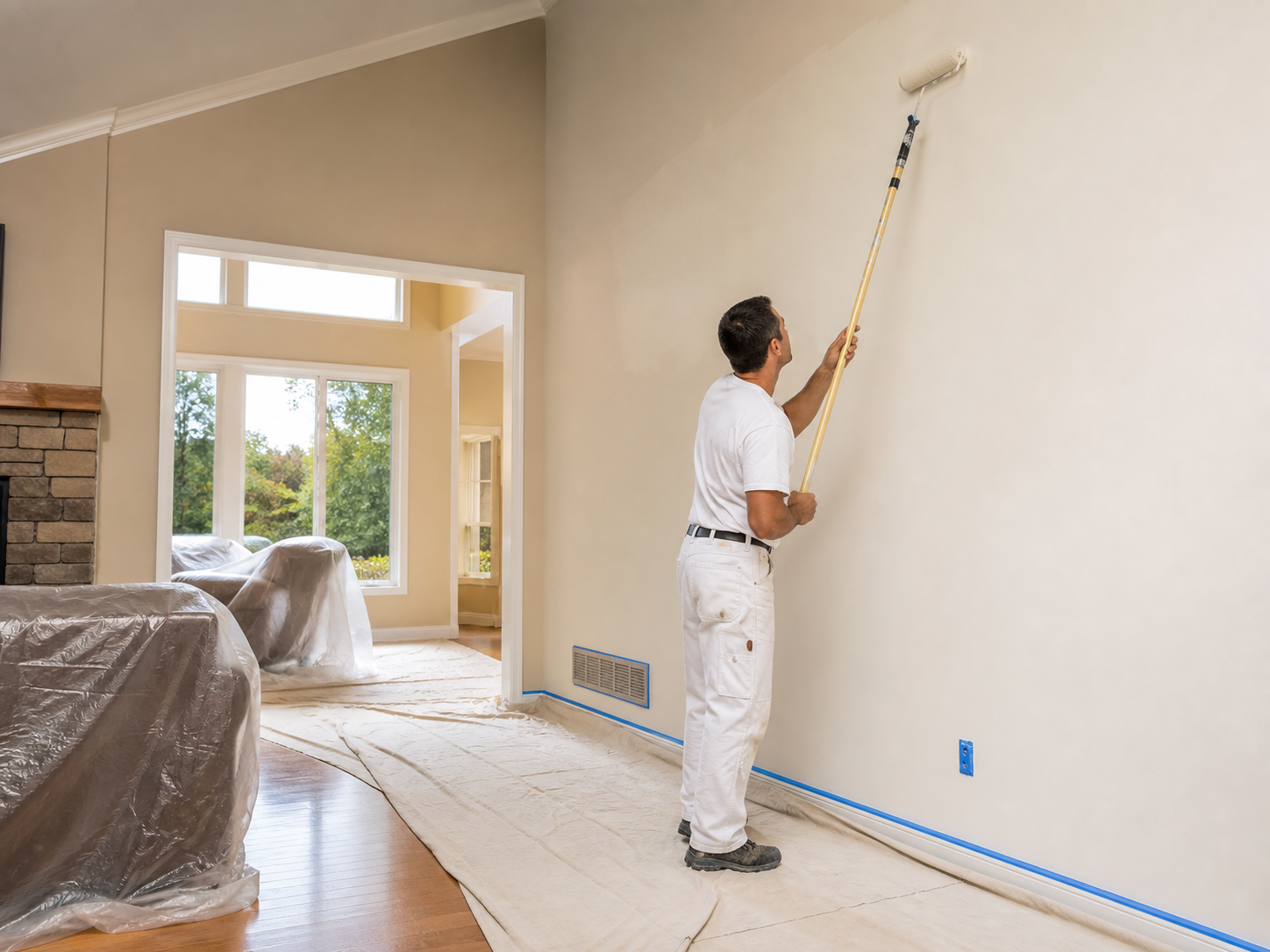 A photo of a worker using a roller on a residential painting project